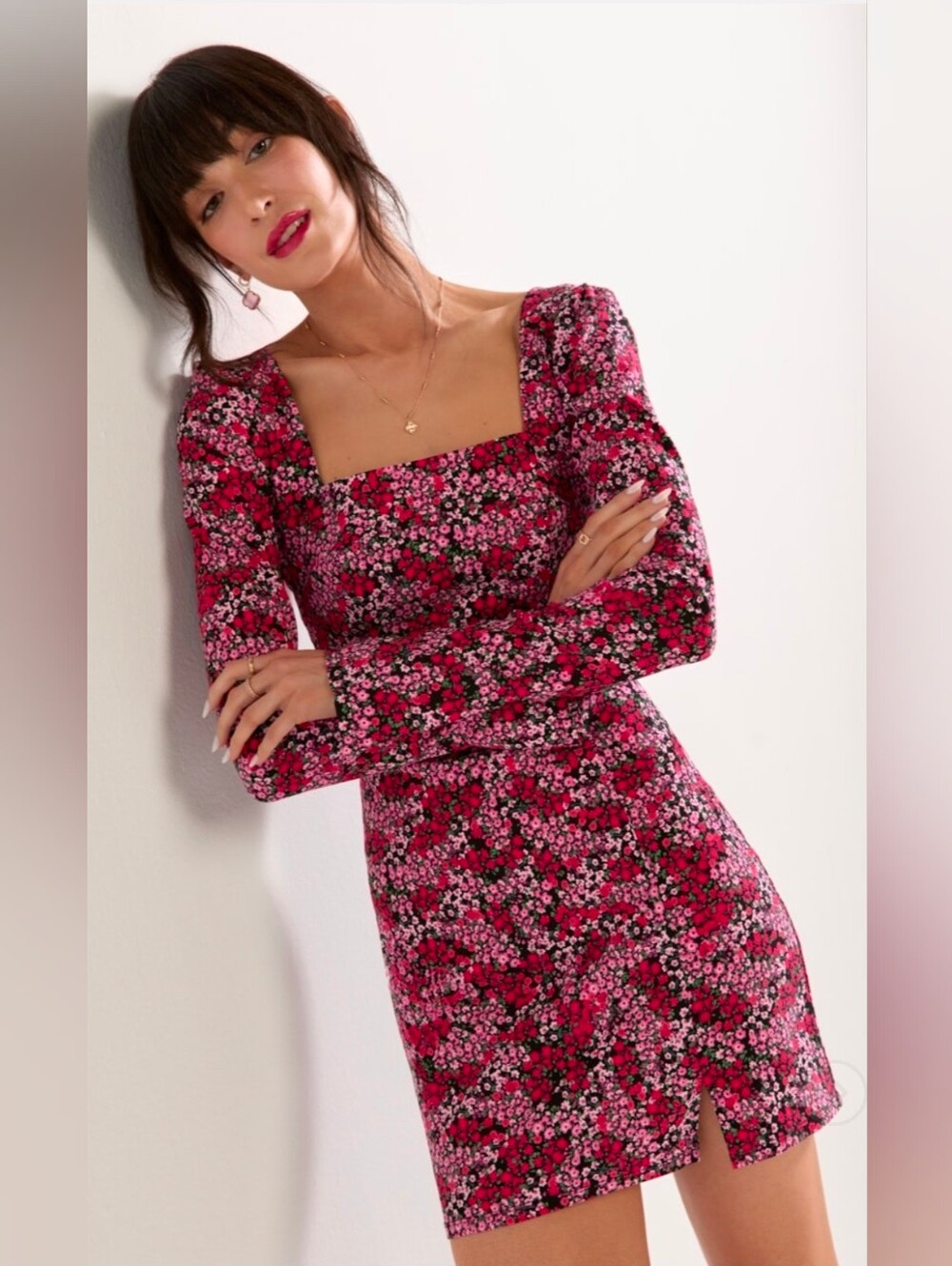 Francesca's Women’s Angelina Long Sleeve Ditsy Floral Mini Dress M